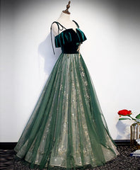 Evening Dresses Prom Long, Green Tulle Lace Long Prom Dress, Green Tulle Lace Formal Dress, 1