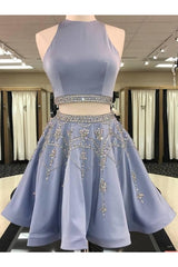 Evening Dresses Simple, A Line 2 Pieces Beaded Satin Short Homecoming Dresses, Scoop
