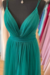 Long Gown, Hunter Green A-line Plunging V Neck Double Straps Pleated Long Prom Dress