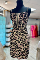 Long Dress Design, Leopard Print Sheath Straps Homecoming Dress