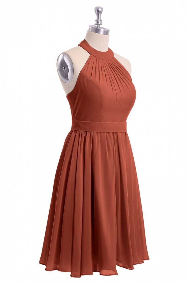 Party Dress With Sleeves, Rust Orange Chiffon Halter Backless A-Line Short Bridesmaid Dress