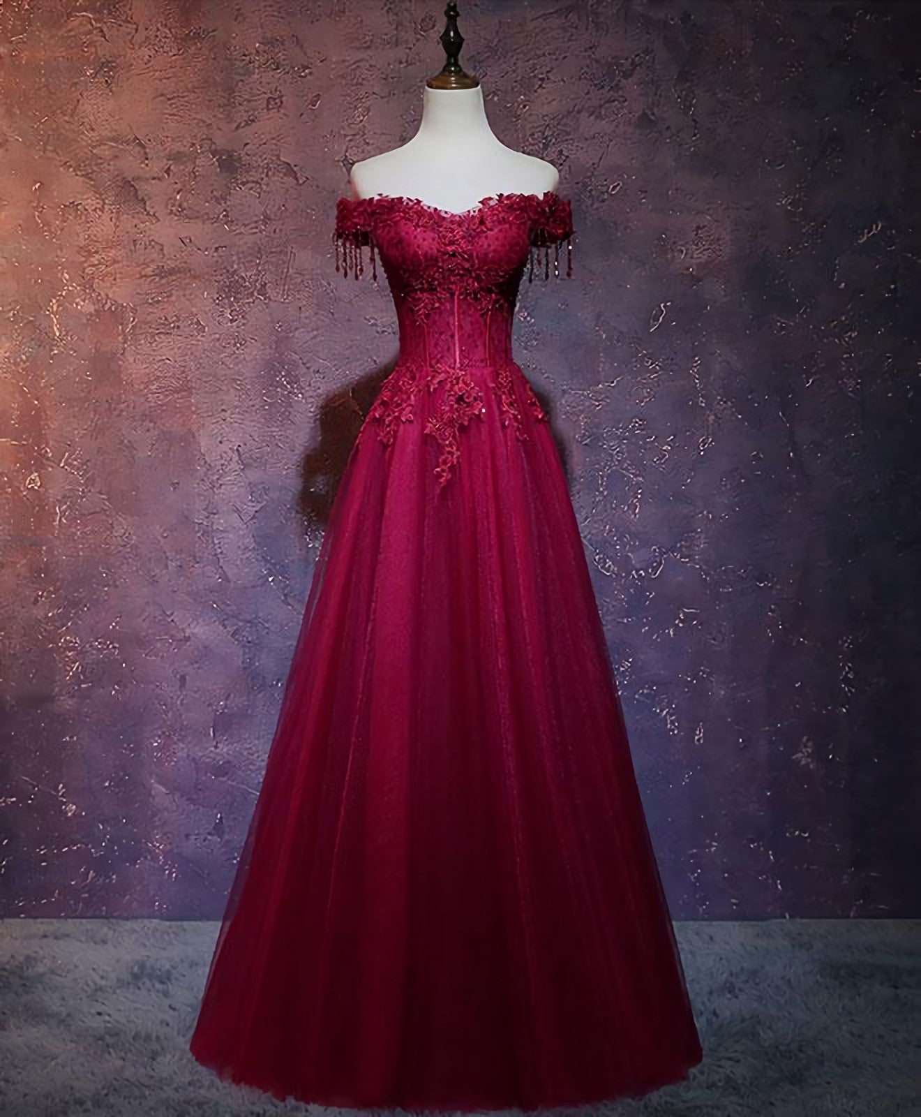Formal Dress Wedding, Burgundy Tulle Lace Off Shoulder Long Prom Dress, Burgundy Lace Evening Dress