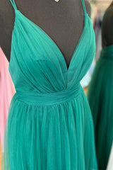 108 Prom Dress, Hunter Green A-line Plunging V Neck Double Straps Pleated Long Prom Dress
