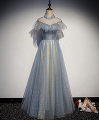 Evening Dresses 3 21 Sleeve, Light Blue Tulle Lace Long Prom Dress, Tulle Evening Dress