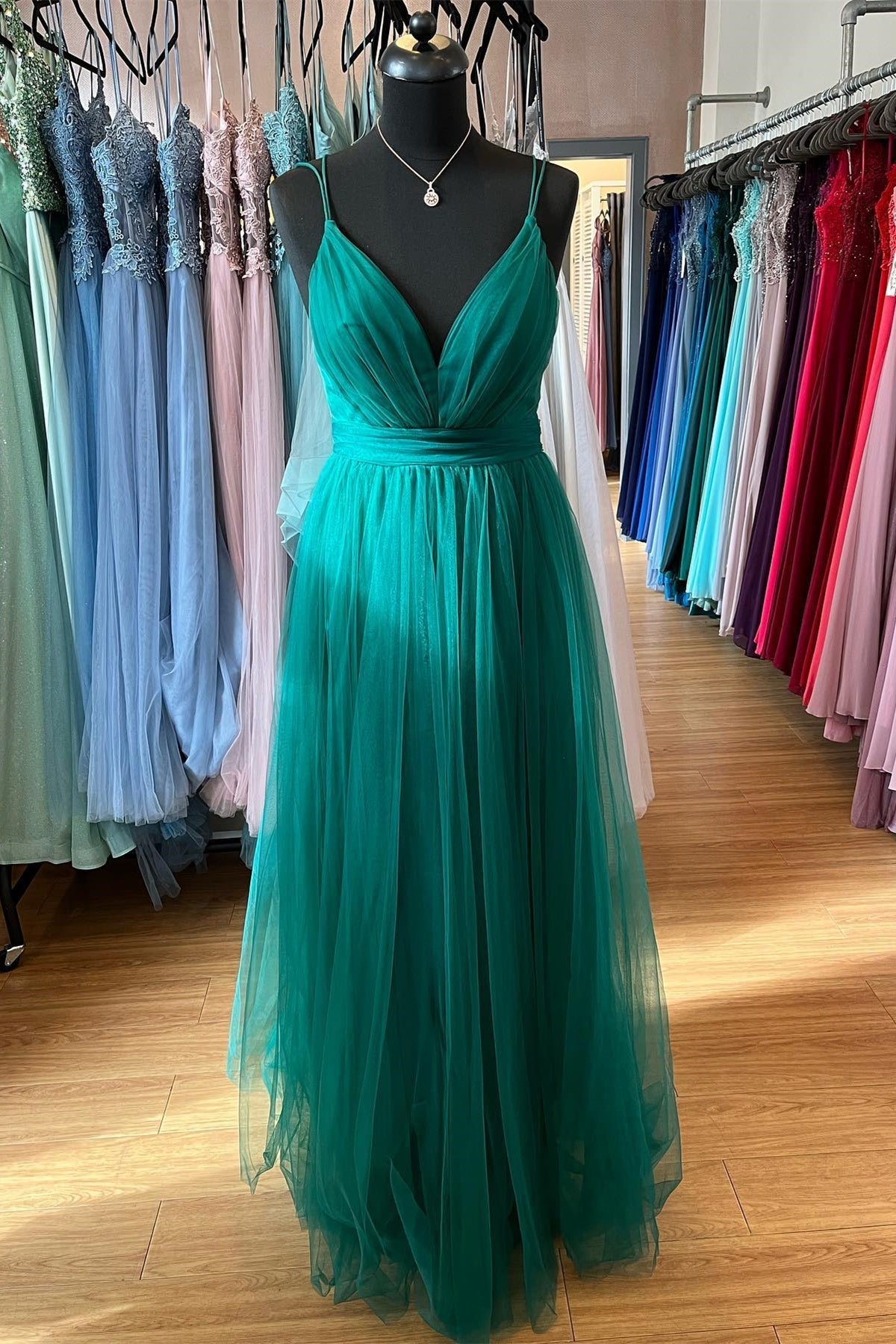 Ruffle Dress, Hunter Green A-line Plunging V Neck Double Straps Pleated Long Prom Dress
