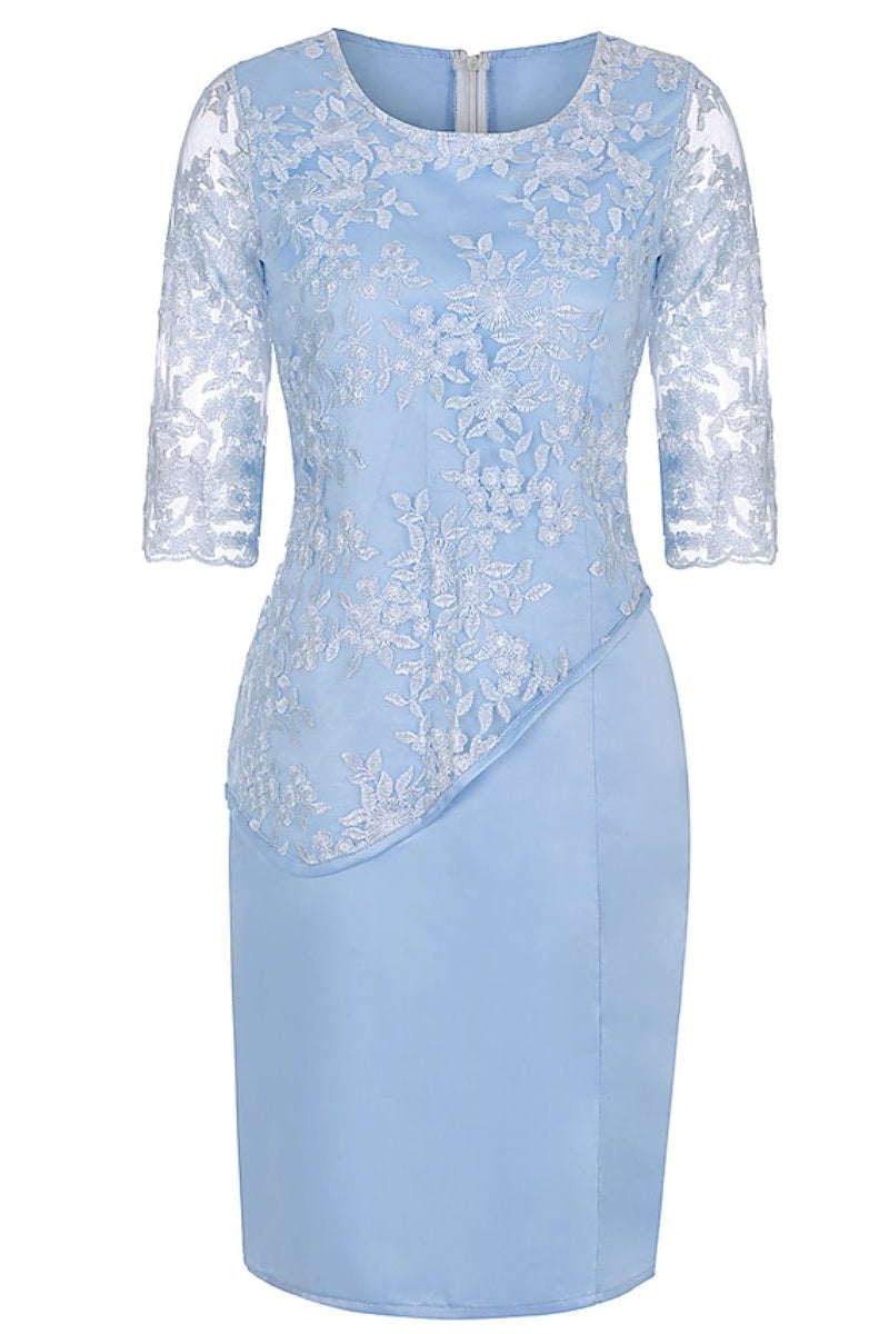 Homecoming Dresses Styles, Light Blue Crew Neck Lace Half Sleeve Short Mother of the Bride Dress