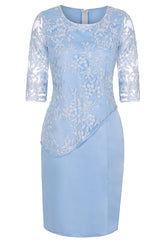 Homecoming Dresses Styles, Light Blue Crew Neck Lace Half Sleeve Short Mother of the Bride Dress