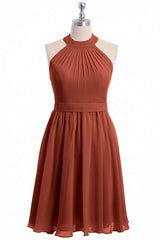 Party Dresses For Ladies 2041, Rust Orange Chiffon Halter Backless A-Line Short Bridesmaid Dress