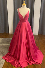 Prom Dresses Gold, A-Line Red Satin Plunge Neck Long Formal Dress