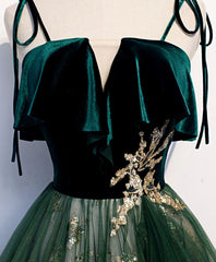 Evening Dress V Neck, Green Tulle Lace Long Prom Dress, Green Tulle Lace Formal Dress, 1