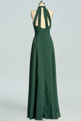 Formal Dress Elegant, Halter Hunter Green Chiffon A-line Long Bridesmaid Dress