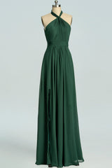 Formal Dress Fashion, Halter Hunter Green Chiffon A-line Long Bridesmaid Dress