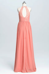 Formal Dresses Gown, Halter Coral A-line Lace and Chiffon Long Bridesmaid Dress