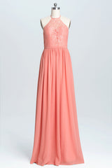 Formal Dresses For Sale, Halter Coral A-line Lace and Chiffon Long Bridesmaid Dress
