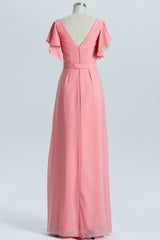Winter Formal, Coral A-line Flutter Sleeves Long Bridesmaid Dress