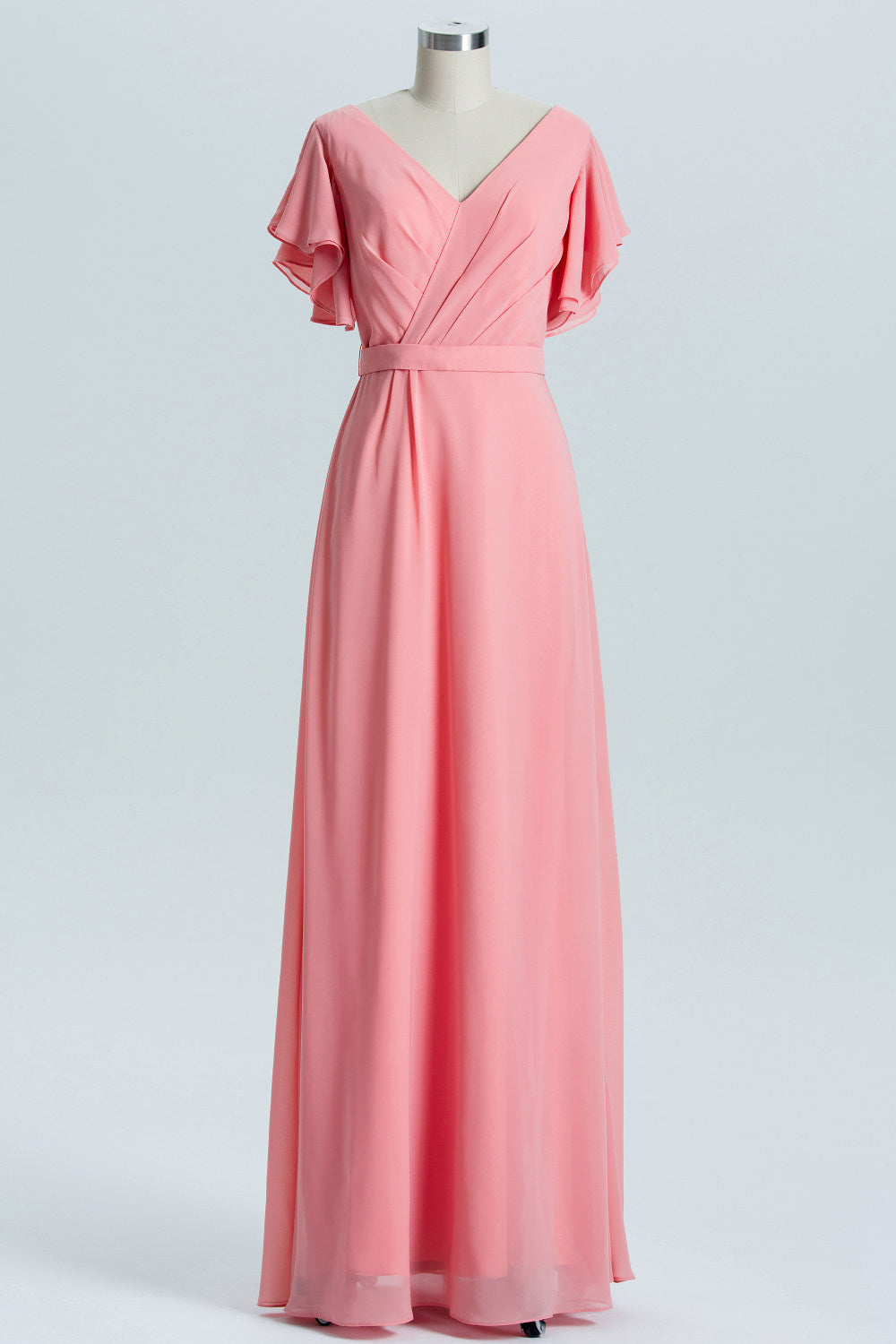 Silk Wedding Dress, Coral A-line Flutter Sleeves Long Bridesmaid Dress