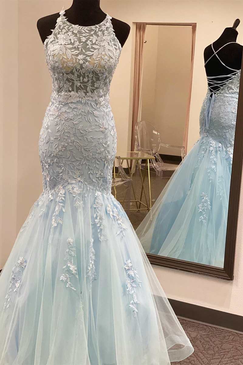 Homecoming Dresses For Middle School, Light Blue Tulle Lace Halter Lace-Up Back Trumpet Long Dress