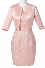 Evening Dresses For Party, Two-Piece Blush Pink Lace Bodycon Short Mother of the Bride Dress