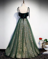 Evening Dresses V Neck, Green Tulle Lace Long Prom Dress, Green Tulle Lace Formal Dress, 1