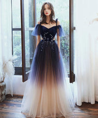 Prom Dresses Gown, Blue Sweetheart Tulle Off Shoulder Long Prom Dress, Blue Evening Dress