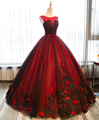 Formal Dresses Gown, Burgundy Round Neck Tulle Lace Applique Long Prom Dress, Burgundy Evening Dress