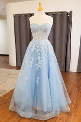 Homecomeing Dresses Long, Light Blue Appliques Sweetheart A-Line Prom Dress