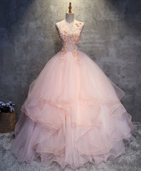 Homecoming Dress Long, Pink Round Neck Tulle Lace Long Prom Dress, Lace Formal Dress