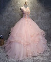 Homecomeing Dresses Long, Pink Round Neck Tulle Lace Long Prom Dress, Lace Formal Dress