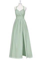 Party Dress Red Colour, Sage Green Chiffon Halter Backless A-Line Bridesmaid Dress
