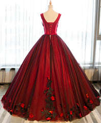 Formal Dress Gowns, Burgundy Round Neck Tulle Lace Applique Long Prom Dress, Burgundy Evening Dress