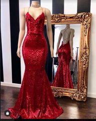 Prom Dresses Patterned, 2024 Sexy Halter Sequins Red Mermaid Prom Dresses