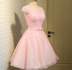 Design Dress, Cute Pink Round Neckline Tulle Party Dress, Pink Cap Sleeves Formal Dress