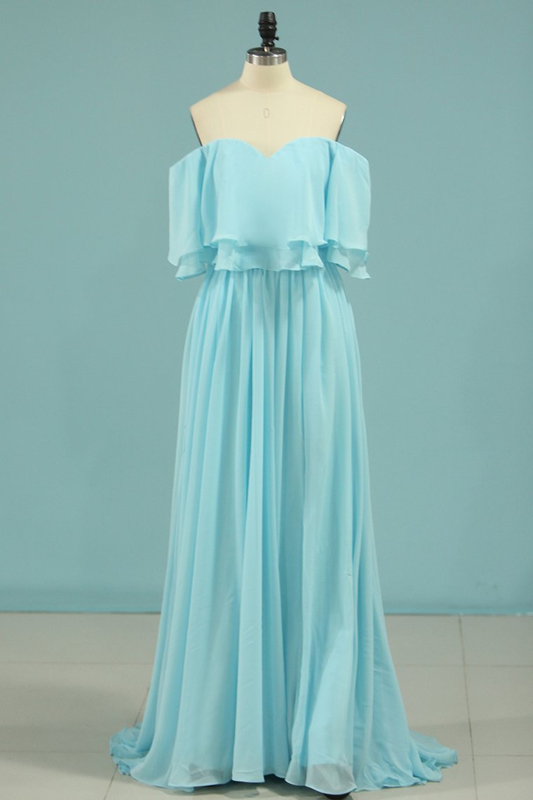 Prom Dress With Shorts, Off the Shoulder Blue Flounce Chiffon Long Bridesmaid Dress