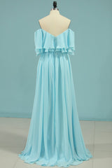 Prom Dresses For Adults, Off the Shoulder Blue Flounce Chiffon Long Bridesmaid Dress