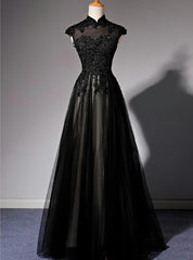 Trendy Dress Outfit, Elegant High Neckline Black Evening Dress, Tulle With Lace Applique Prom Dress