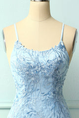 Homecoming Dress With Sleeves, Light Blue Tight Hoco Dress with Appliques