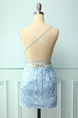 Homecomming Dress With Sleeves, Light Blue Tight Hoco Dress with Appliques