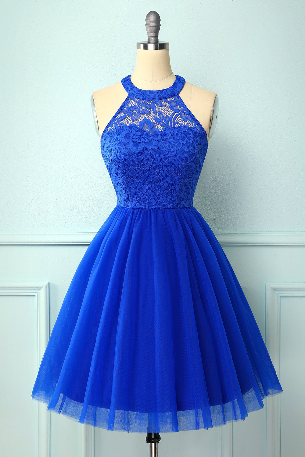 Homecomming Dress Black, Halter Royal Blue Lace Dress