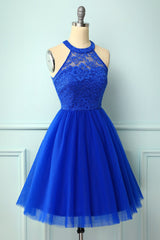 Homecomeing Dresses Black, Halter Royal Blue Lace Dress