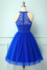 Homecoming Dress Black, Halter Royal Blue Lace Dress