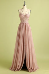 Sweet 39 Dress, Pink Split Front Spaghetti Straps Prom Dress