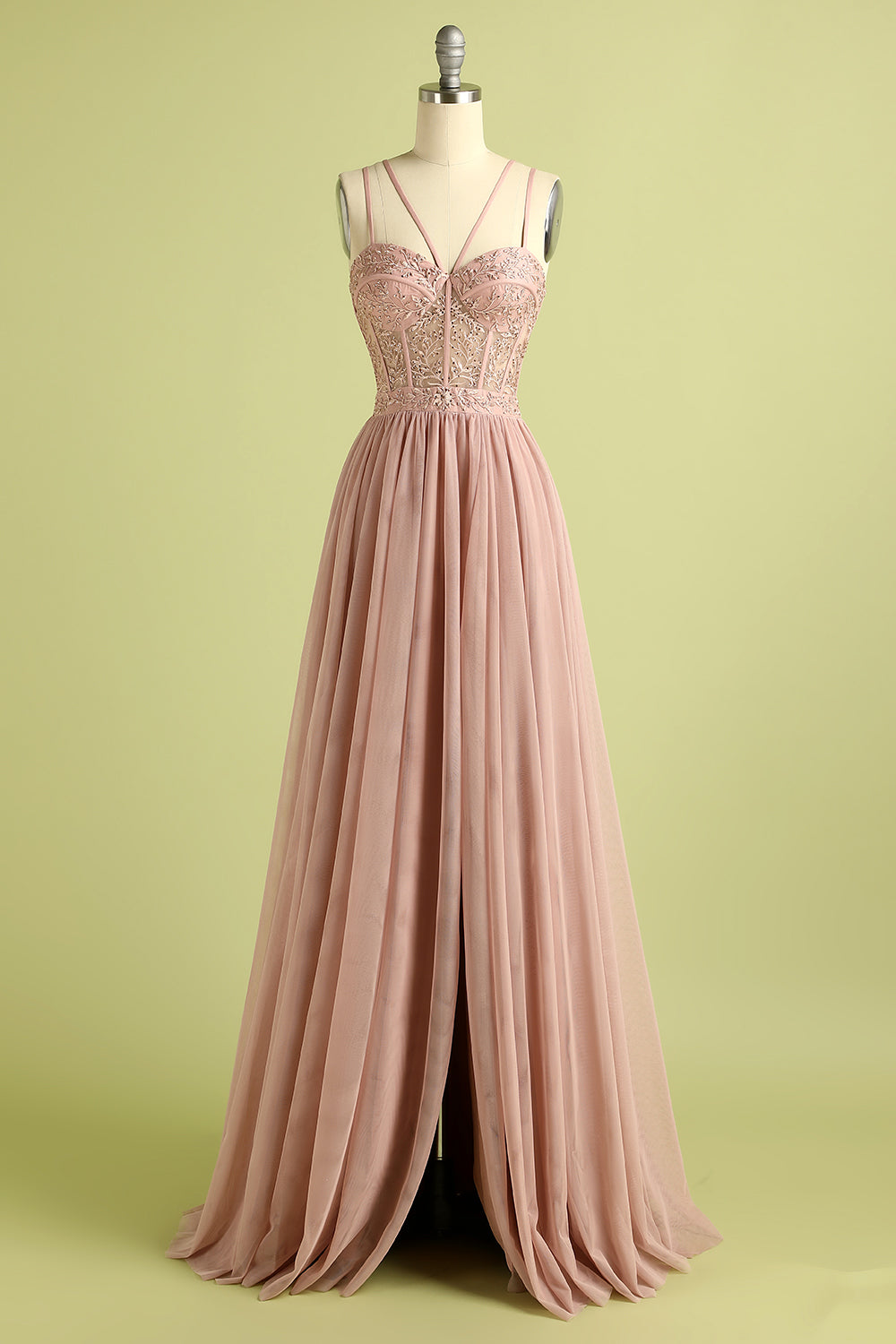Evening Dress, Pink Split Front Spaghetti Straps Prom Dress