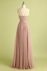 Red Carpet Dress, Pink Split Front Spaghetti Straps Prom Dress