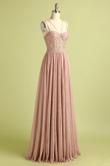 Corset Dress, Pink Split Front Spaghetti Straps Prom Dress