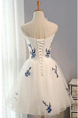 Bridesmaid Dresses Blushes, Ivory Sheer Sleeveless Floral Short Homecoming Dresses