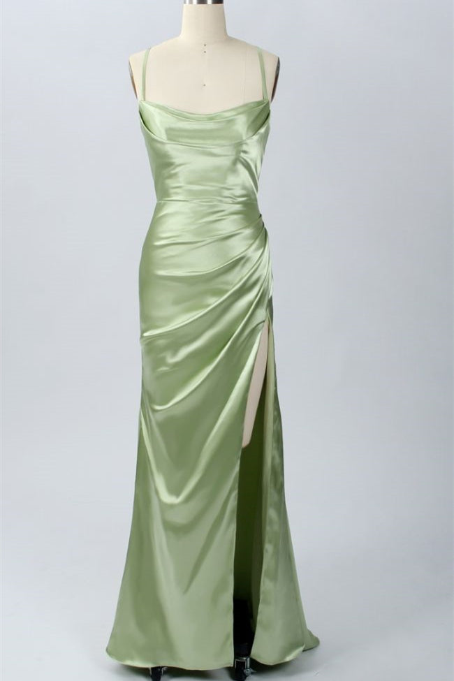 Prom Dress 2042, Elegant Sage Green Mermaid Cowl Neck Long Bridesmaid Dress