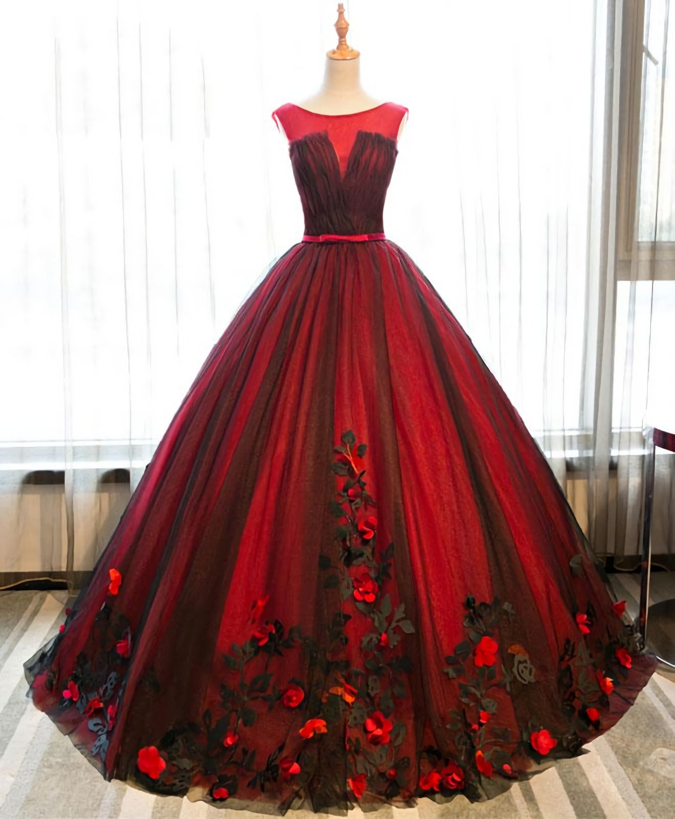 Formal Dresses For Sale, Burgundy Round Neck Tulle Lace Applique Long Prom Dress, Burgundy Evening Dress