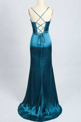 Mermaid Prom Dress, Teal Blue Cowl Neck Mermaid Long Prom Dress with Slit