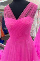 Formal Dress Off The Shoulder, Hot Pink Illusion Strapless A-line Layers Tulle Long Prom Dress