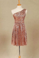 Party Dresses Maxi, Rose Gold Sequin One-Shoulder Short Bridesmaid Dress
